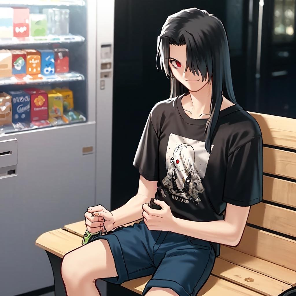 solo, Roa, 1boy, red eyes, black hair, long hair, hair over one eye, t-shirt, print shirt, sitting on bench, relaxed, vending machine, light smile