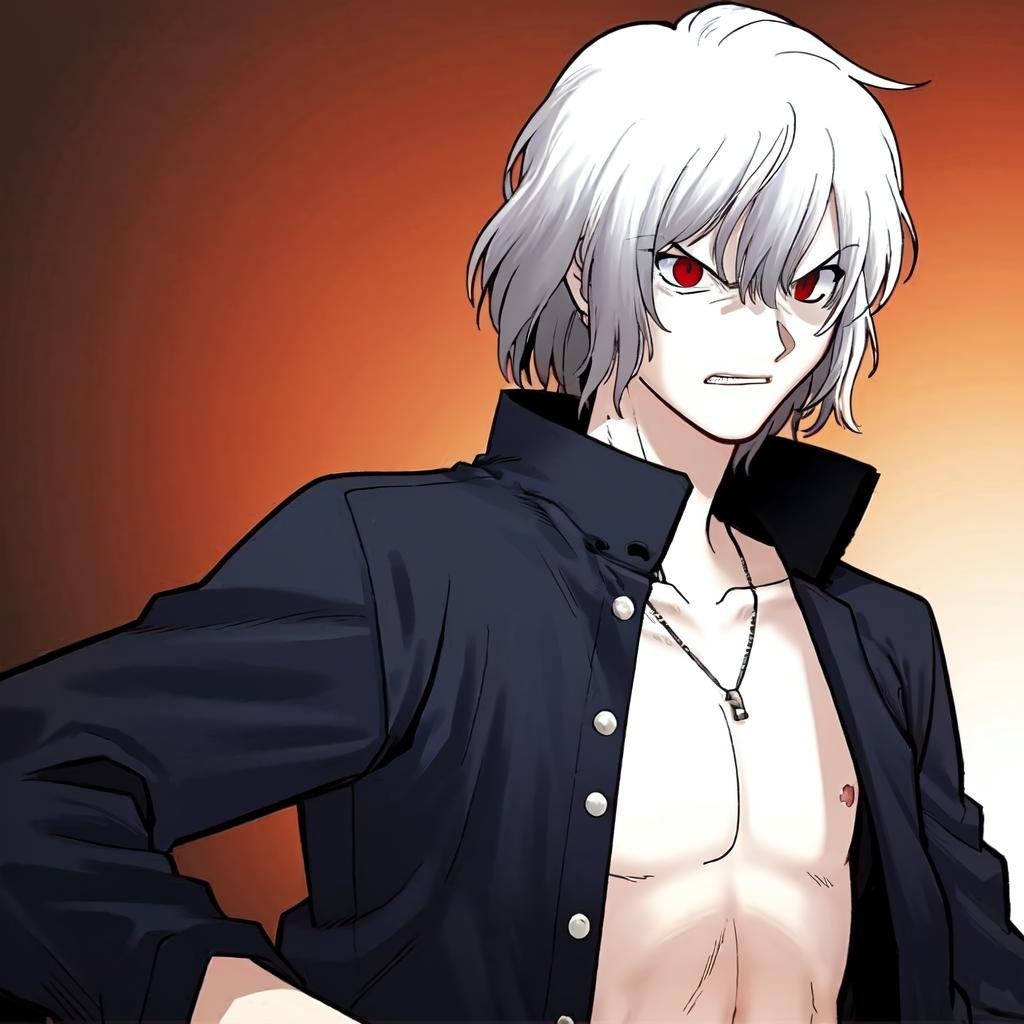 solo, SHIKI, 1boy, red eyes, white hair, albino, angry, jacket