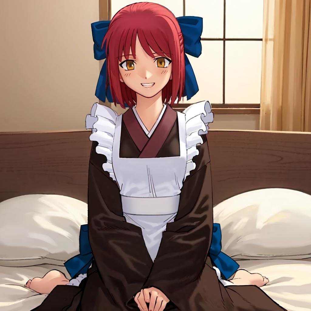 solo, Kohaku, red hair, yellow eyes, short hair, apron, japanese clothes, hair bow, sitting on bed, grin, looking at viewer