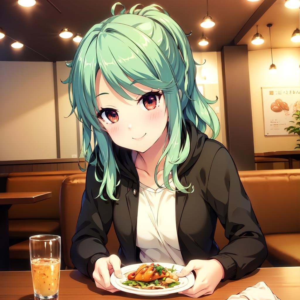 solo, Kitaooji Karen, brown eyes, green hair, smile, jacket, hoodie, pov across table, restaurant, dinner, smile