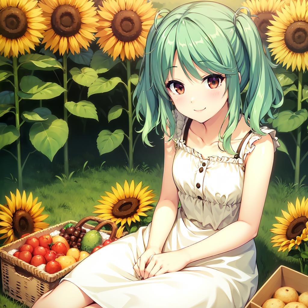 solo, Kitaooji Karen, brown eyes, green hair, smile, dress, sleeveless dress, sunflower field, picnic, sitting, smile, (twintails:1.4)