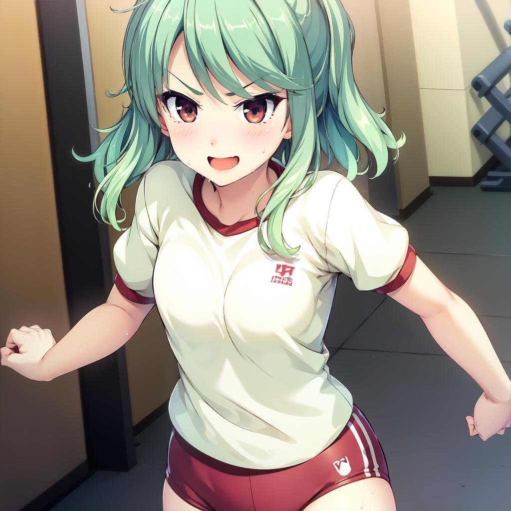 solo, Kitaooji Karen, brown eyes, green hair, smile, gym uniform, running, sweat, angry