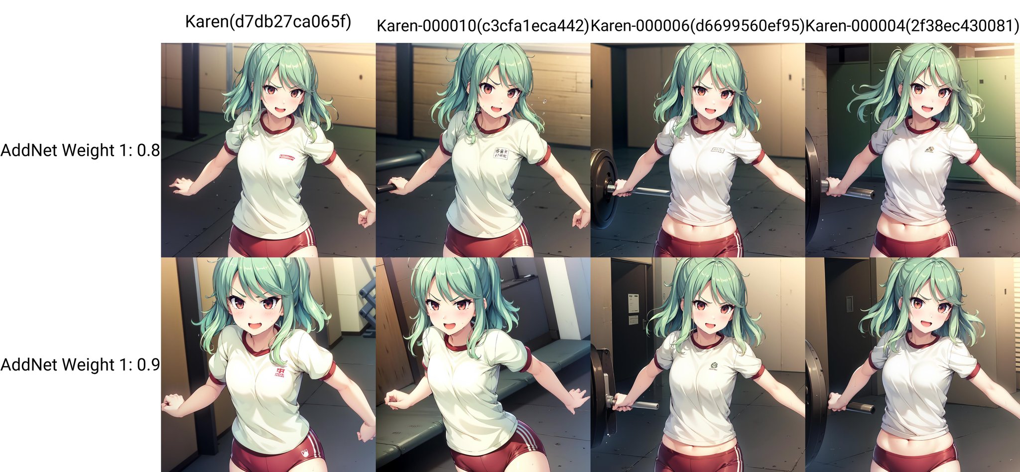 solo, Kitaooji Karen, brown eyes, green hair, smile, gym uniform, running, sweat, angry