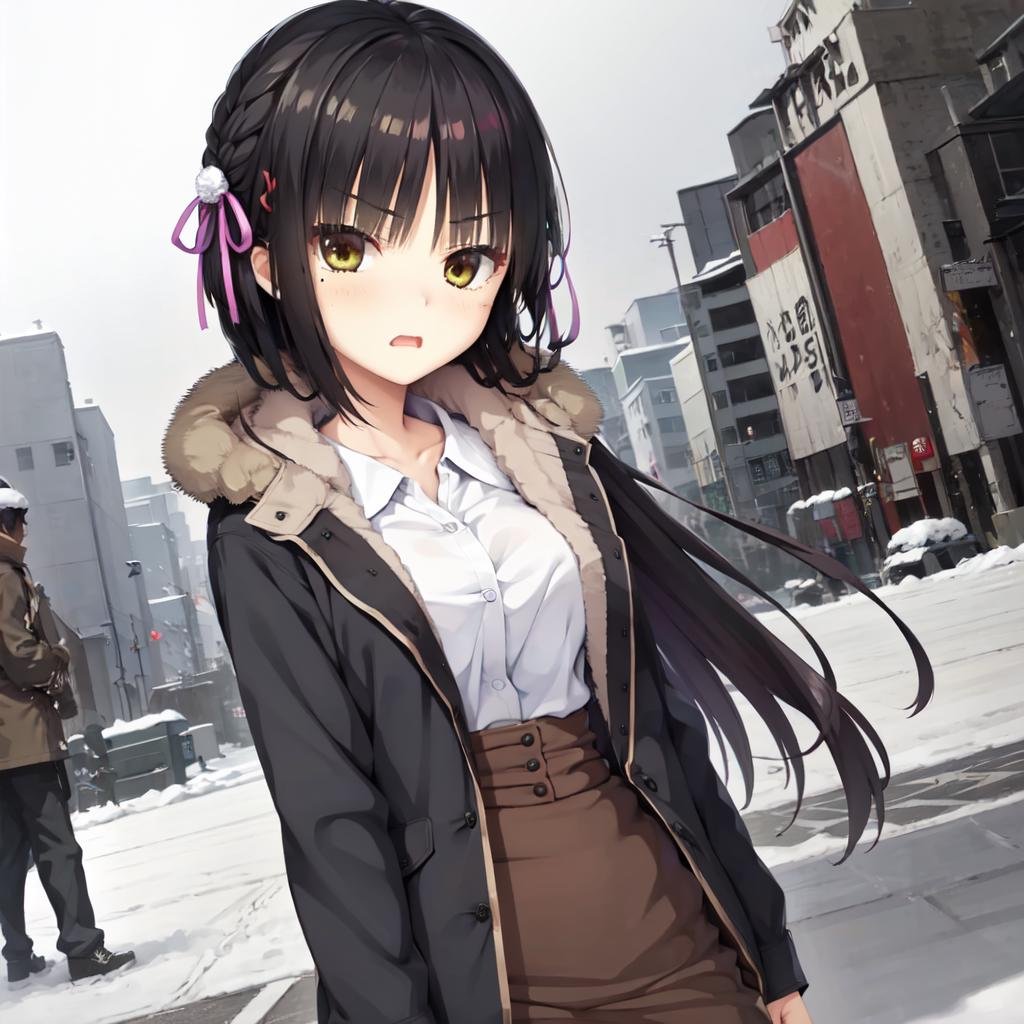 solo, Natsume, black hair, yellow eyes, mole under eye, long hair, hair flower, hair ribbon, hairclip, dress shirt, high-waist skirt, fur-trimmed coat, standing outside, snow, winter, angry