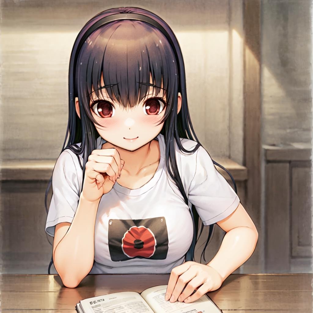 Miyuki, red eyes, black hair, hairband, pov across table, t-shirt, smile, blush