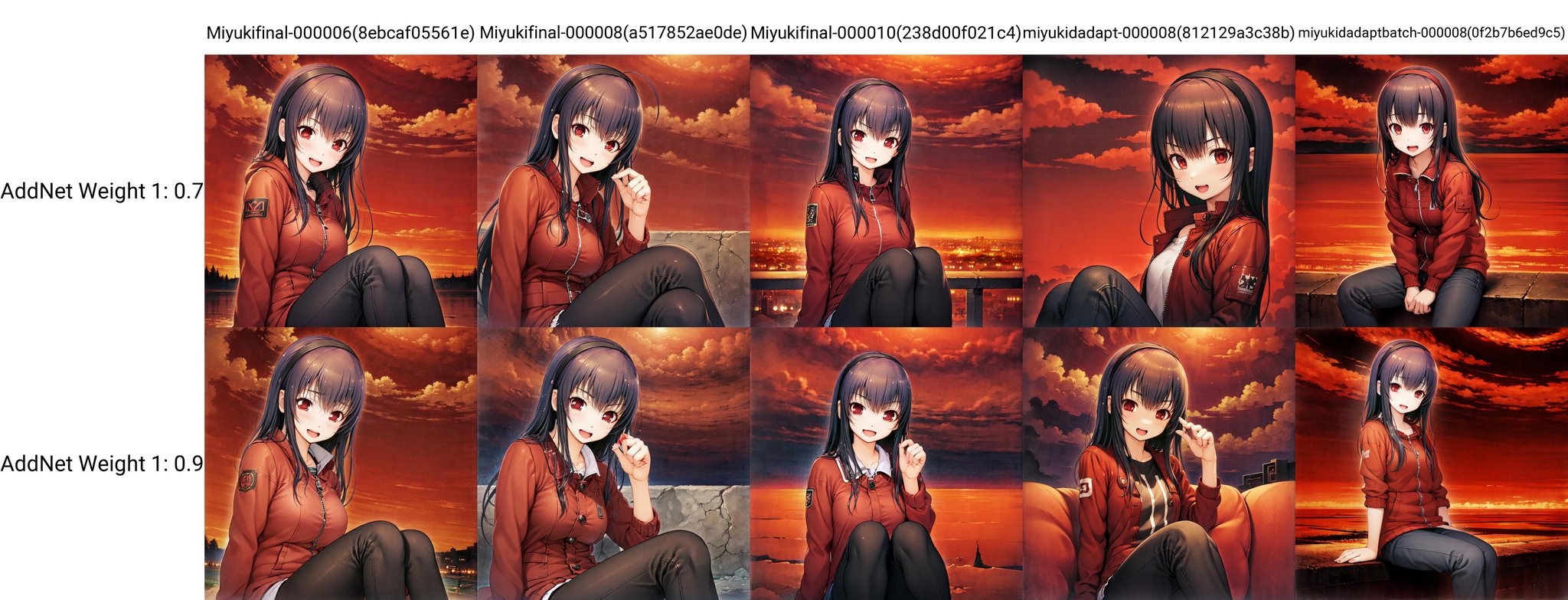 red theme, (surreal:1.1), red sky, Miyuki, red eyes, black hair, hairband, :D, denim, jacket, sitting