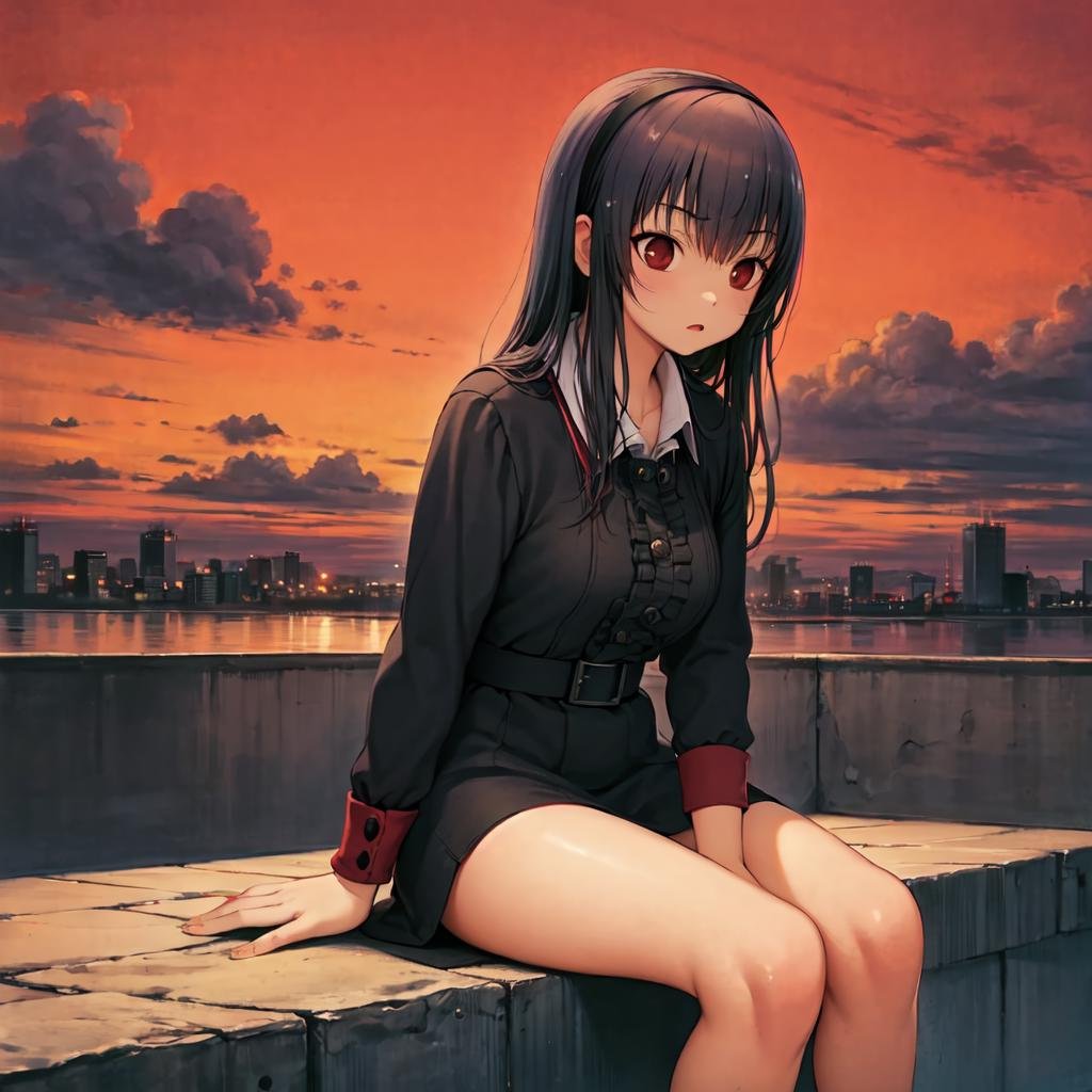 red theme, Miyuki, red eyes, black hair, hairband, collared dress, sitting on rooftop, cloudky sky, surreal