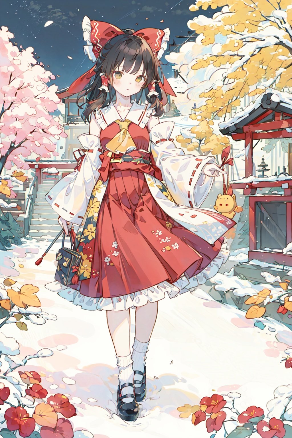  qzzhiyu,,finely detail, Depth of field,(((masterpiece))),((extremely detailed CG unity 8k wallpaper)),best quality,high resolution illustration,Amazing,highres,intricate detail,(best illumination, best shadow, an extremely delicate and beautiful),

Japanese style architecture,shrine,autumn,night,

hakurei_reimu, hair_tubes, black hair,detached_sleeves, ribbon-trimmed_sleeves, ribbon_trim, 1girl, ascot, bow, frilled_bow, miko, yellow_ascot, gohei, hair_bow, skirt, red_skirt, torii, nontraditional_miko, solo, red_bow, frills, socks, mary_janes, wide_sleeves, , uwabaki
