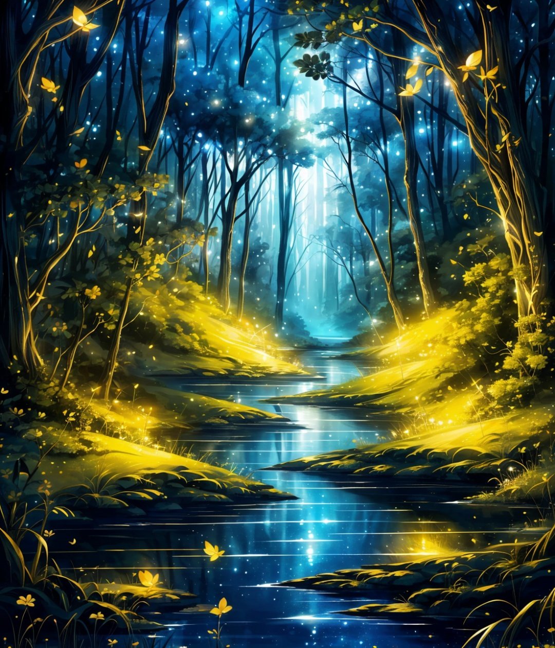  Best quality,8k,cg,scenery, nature, forest, tree, no humans, water, outdoors, night, fireflies, bird, reflection, signature, artist name, river, glowing