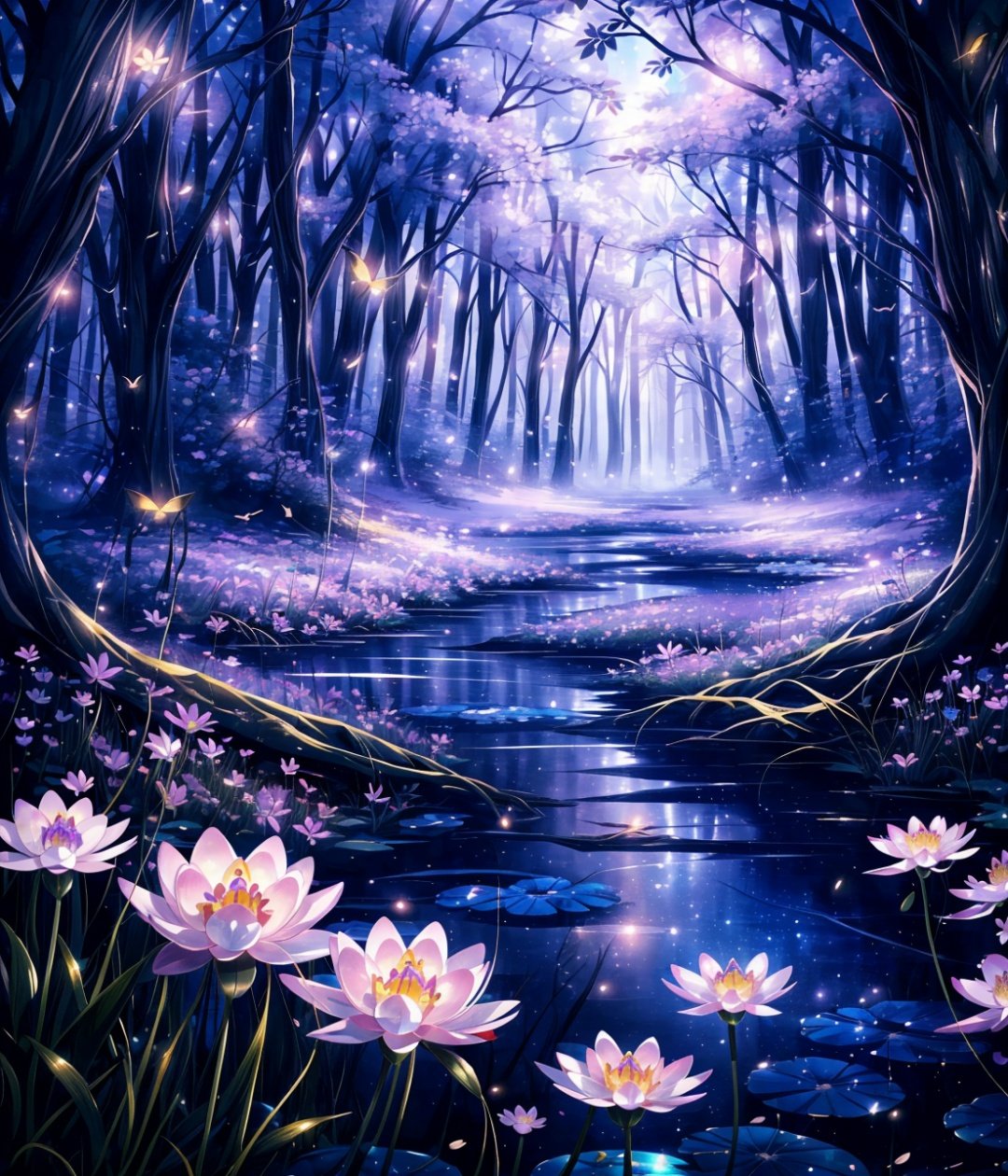  Best quality,8knature, scenery, forest, no humans, tree, flower, bird, outdoors, water, night, fantasy, fireflies, lily pad, purple flower, light particles