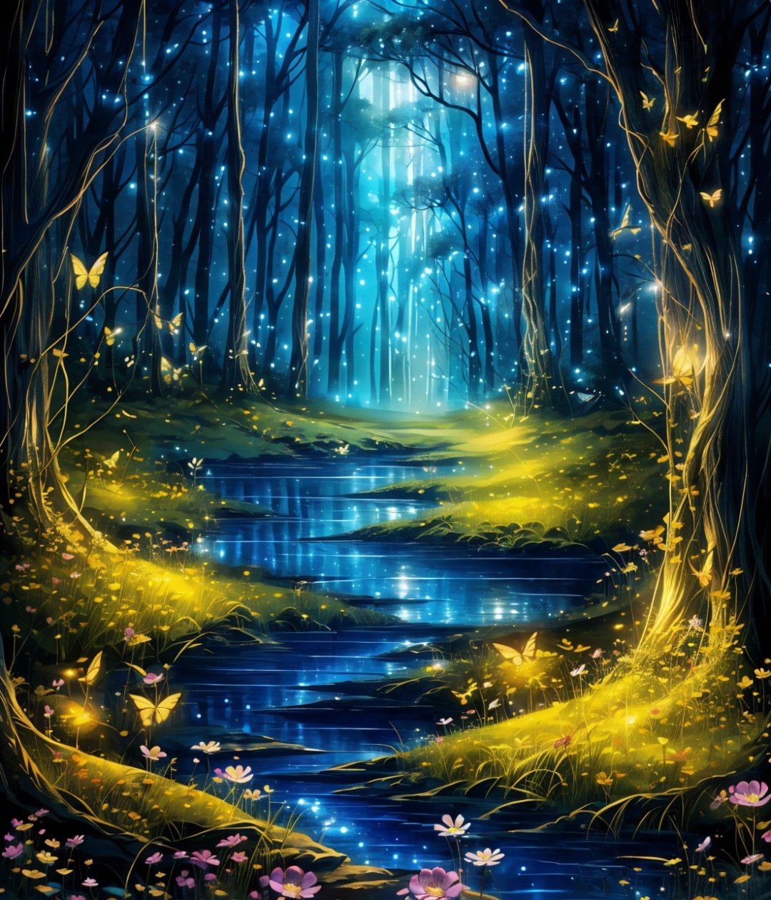  Best quality,8k,cg,scenery, nature, no humans, flower, forest, tree, water, outdoors, bug, bird, butterfly, night, fireflies, glowing, fantasy