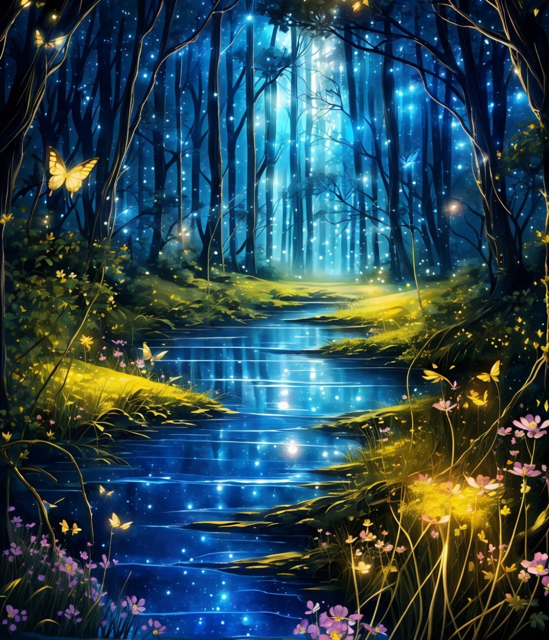  Best quality,8k,cg,scenery, nature, no humans, flower, forest, tree, water, outdoors, bug, bird, butterfly, night, fireflies, glowing, fantasy