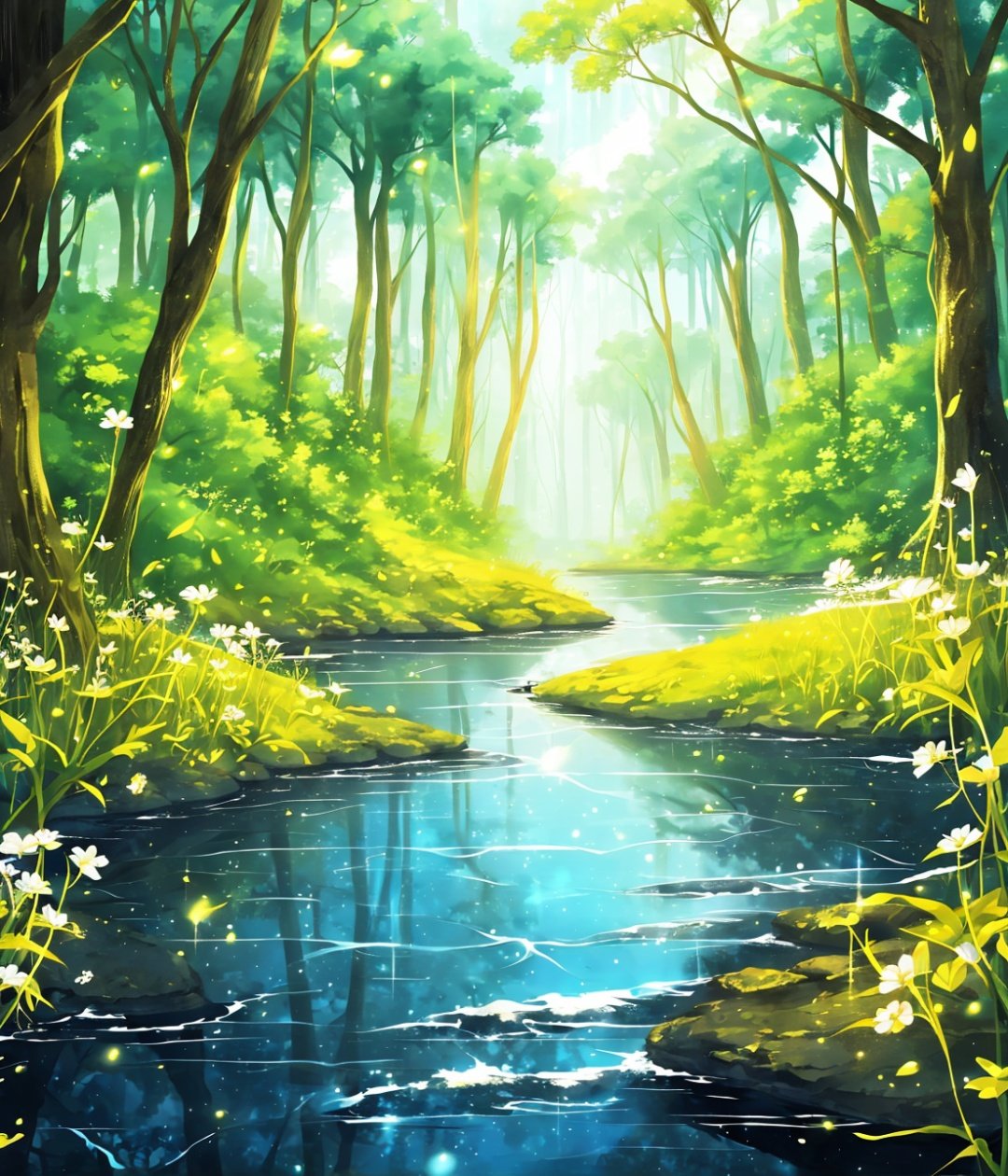  Best quality,8k,cg,scenery, nature, forest, tree, no humans, water, outdoors, night, fireflies, bird, reflection, signature, artist name, river, glowing