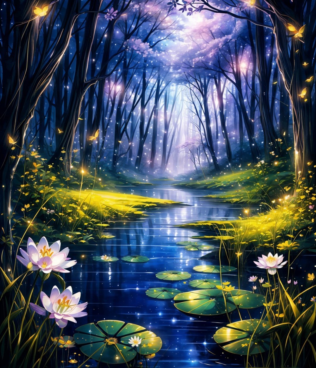  Best quality,8knature, scenery, forest, no humans, tree, flower, bird, outdoors, water, night, fantasy, fireflies, lily pad, purple flower, light particles