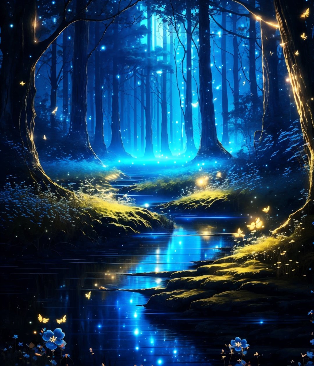  Best quality,8k,cg,scenery, nature, no humans, flower, forest, tree, water, outdoors, bug, bird, butterfly, night, fireflies, glowing, fantasy