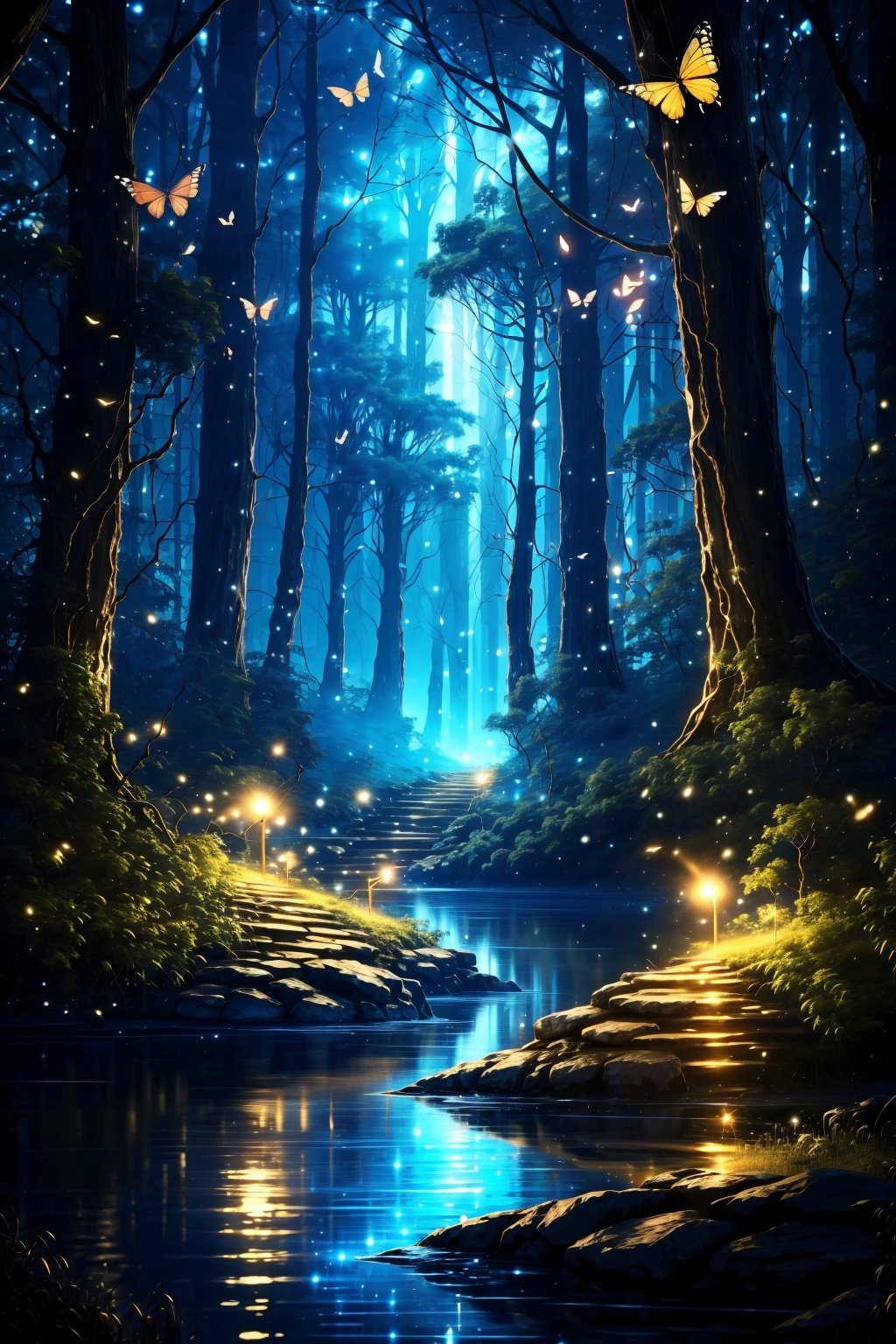  Best quality,8k,cg,scenery, nature, no humans, flower, forest, tree, water, outdoors, bug, bird, butterfly, night, fireflies, glowing, fantasy