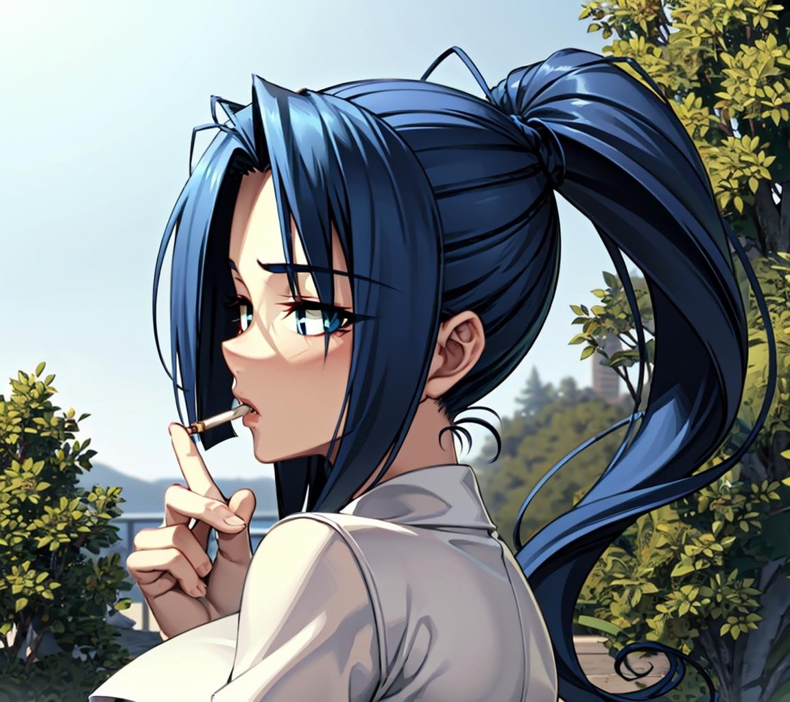 <lora:Muramasa_9600:0.8>best quality, masterpiece, blue hair, aqua eyes, smoking, cigarette, ponytail