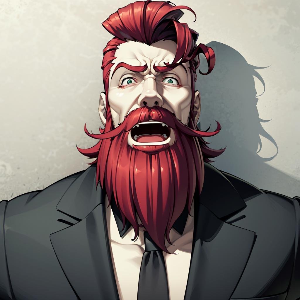 best quality, masterpiece, Wolfram, red hair, beard, shocked, (open mouth:0.8) <lora:Muramasa_14400:0.8>