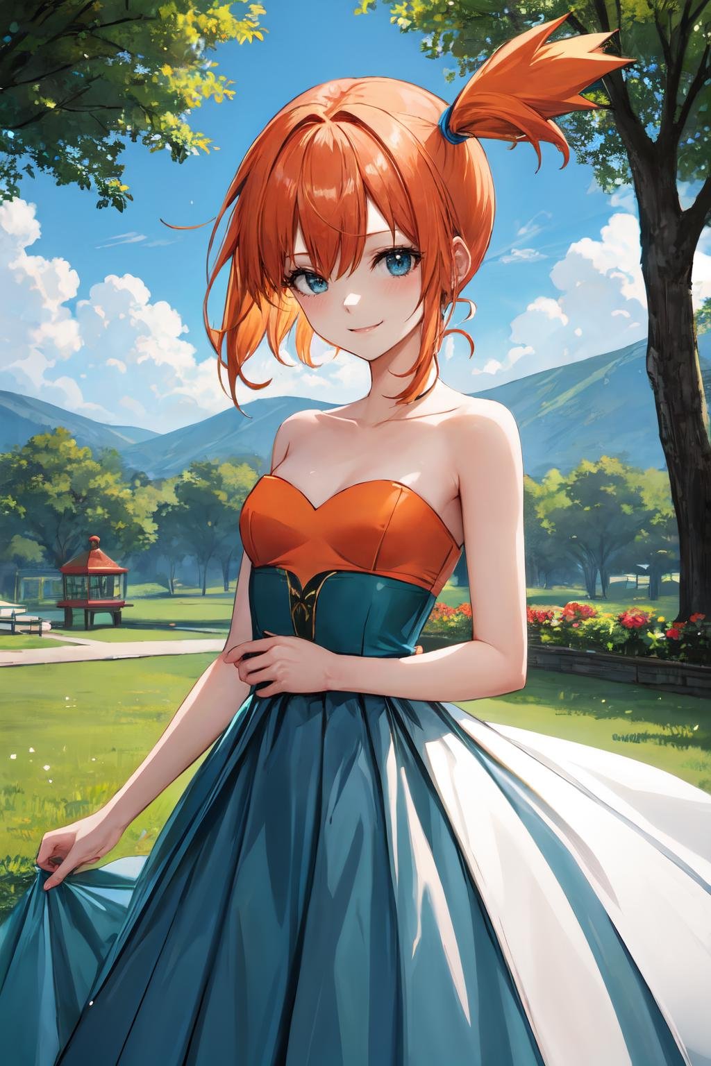 misty pokemon, orange hair,  1girl, small breasts, solo, looking at viewer, short hair,outdoors ,smile,Elegant and timeless strapless gown with a pleated bodice and a flowing chiffon skirt <lora:misty_pokemon:1> 