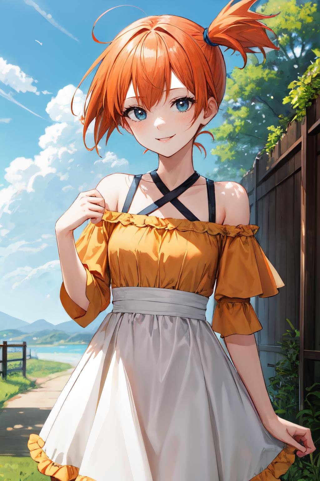 misty pokemon, orange hair,  1girl, small breasts, solo, looking at viewer, short hair,outdoors ,smile,Whimsical tiered ruffle dress with an off-the-shoulder neckline <lora:misty_pokemon:1> 