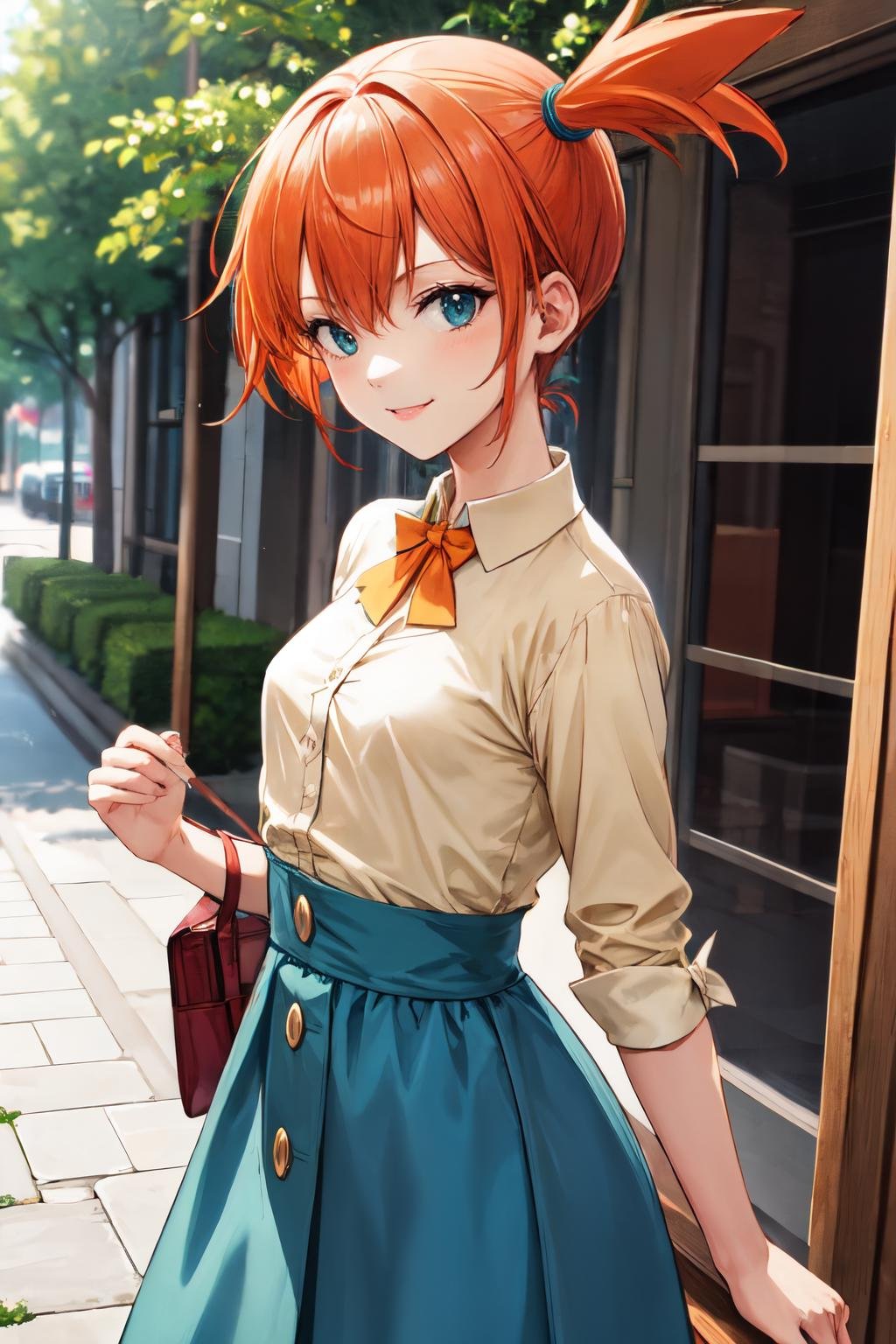 misty pokemon, orange hair,  1girl, small breasts, solo, looking at viewer, short hair,outdoors ,smile,Vintage-inspired shirtwaist dress with a button-down front and waist tie<lora:misty_pokemon:1> 