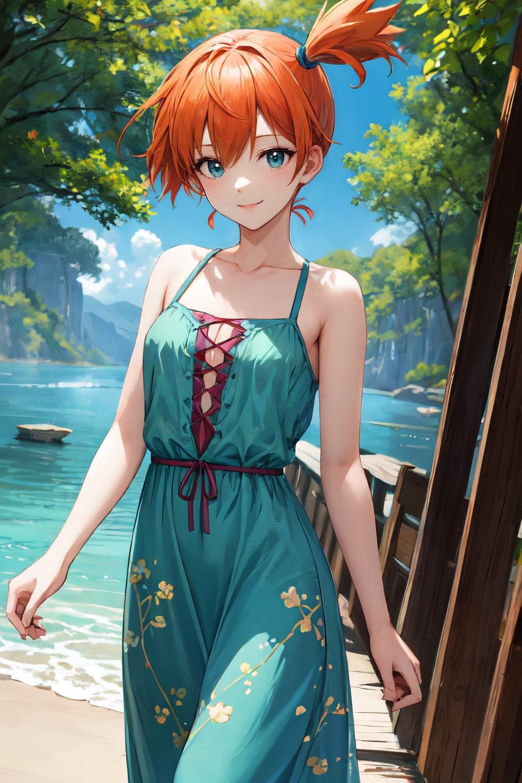 misty pokemon, orange hair,  1girl, small breasts, solo, looking at viewer, short hair,outdoors ,smile,Boho-chic lace-up maxi dress with a flowy silhouette and bohemian prints<lora:misty_pokemon:1> 