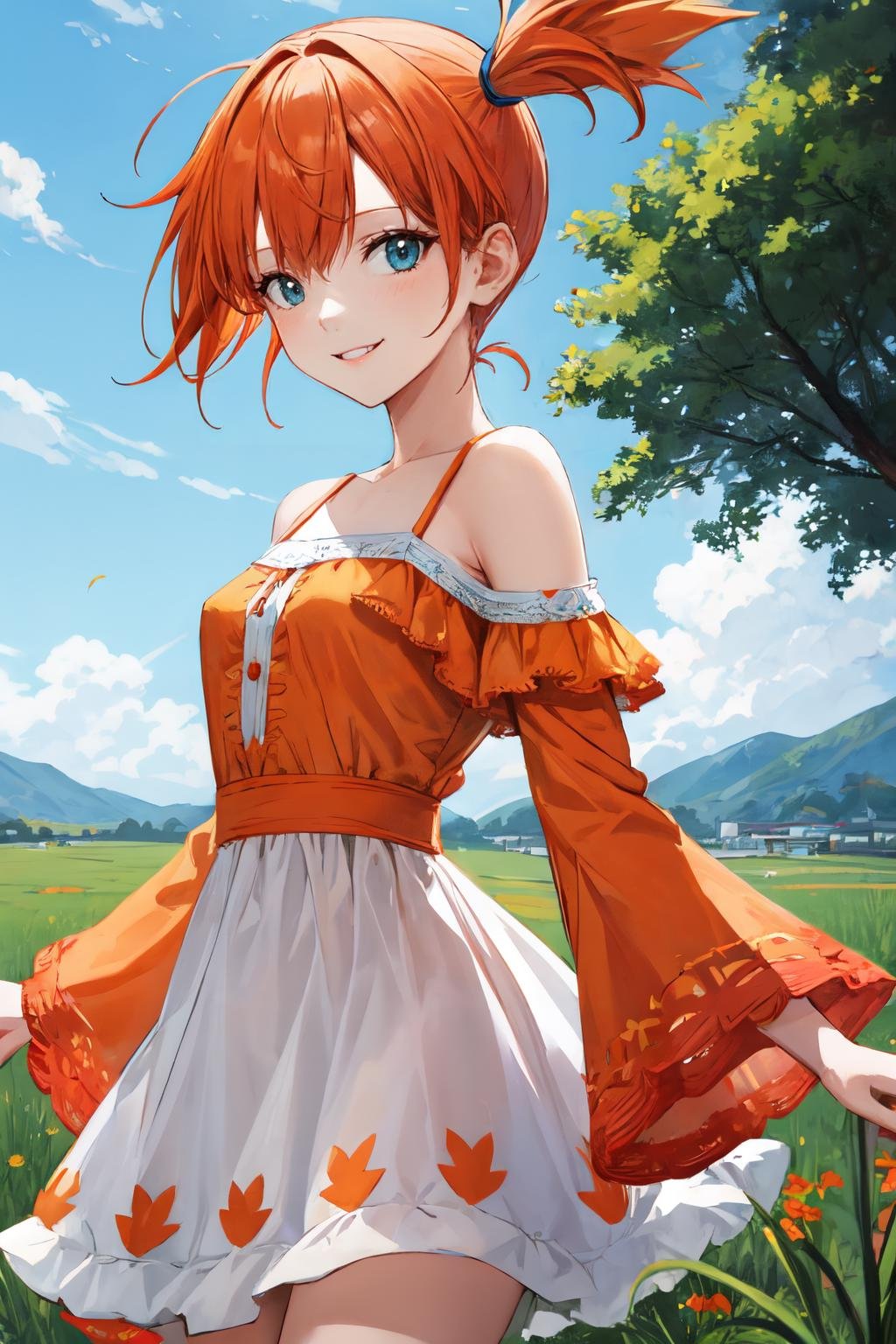 misty pokemon, orange hair,  1girl, small breasts, solo, looking at viewer, short hair,outdoors ,smile,Boho-chic off-the-shoulder dress with a flowy silhouette and embroidered details<lora:misty_pokemon:1> 