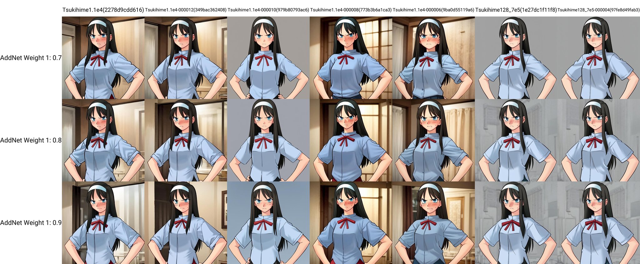 solo, Akiha, black hair, hairband, blue eyes, standing, hands on hips, angry, blush, skirt, shirt, ribbon