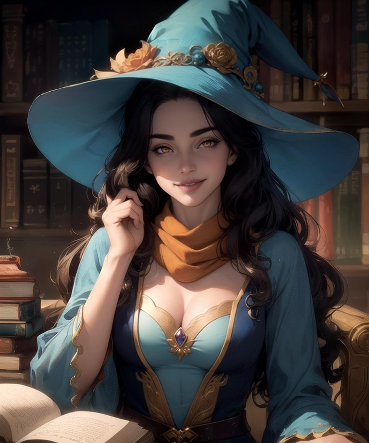 woman, (detailed skin), (perfect face), defined jawline,  beautiful lips, (cute cheerful facial expression, beautiful wide smile), (beautiful bright orange eyes), (long dark brown flowing wavy hair), (intricate blue long-sleeved enchantress outfit), scarf, (big intricate blue witch hat), (warm volumetric lighting), looking at viewer, (medium shot photograph), (vibrant magic library background), realistic