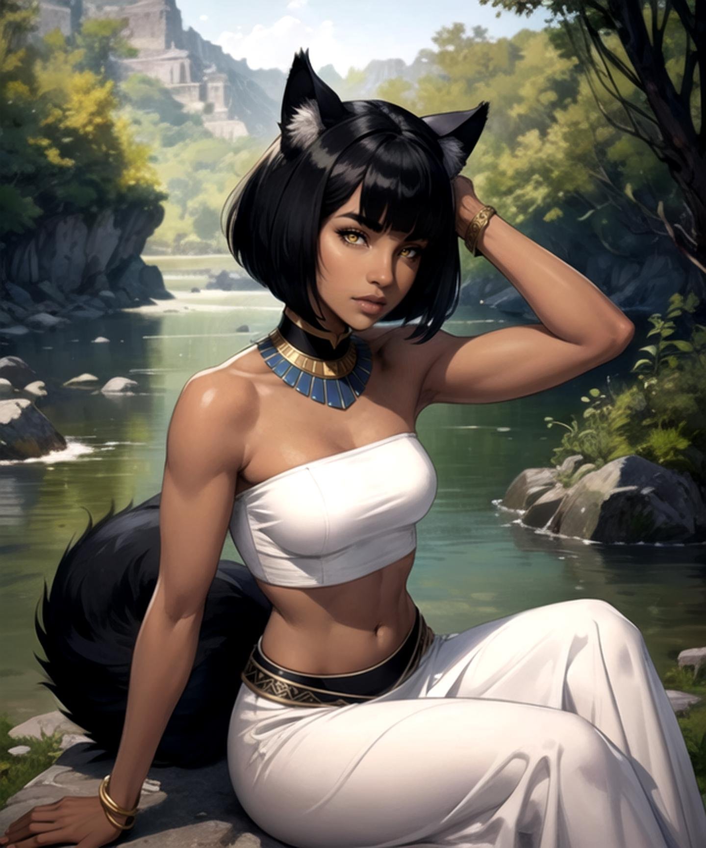 woman, (dark skin:1.3), (perfect face), defined jawline, beautiful lips, (beautiful bright yellow eyes), (black eyeliner), (short black bob haircut, straight bangs), (black wolf ears on top of head), (perfect hands), (intricate white bandeau top), (exposed midriff), (white long dress), (ancient Egyptian jewelry), sitting on a stone ledge, looking at viewer, (medium shot photograph), (river oasis background), realistic