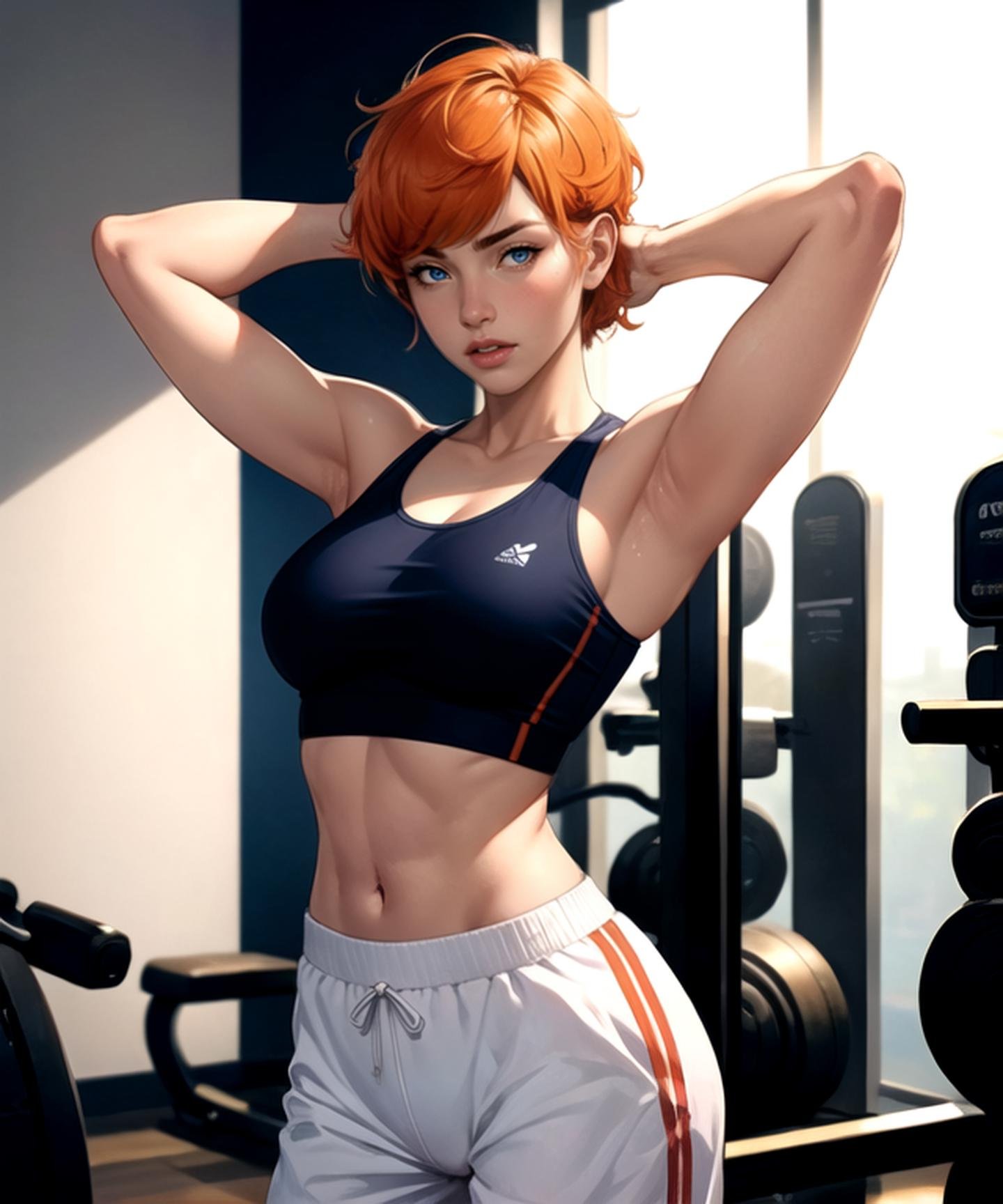woman, (detailed skin), (perfect face), defined jawline, beautiful lips, (beautiful bright blue eyes), (short spiky haircut, bangs, orange hair), (perfect anatomy), (athletic body), (sexy), (navy blue sports bra with white accents), (loose baggy white sweatpants with blue accents), (standing, hands behind head), (smooth armpits), (looking at viewer), (medium shot photograph), (gym background, gym equipment), realistic
