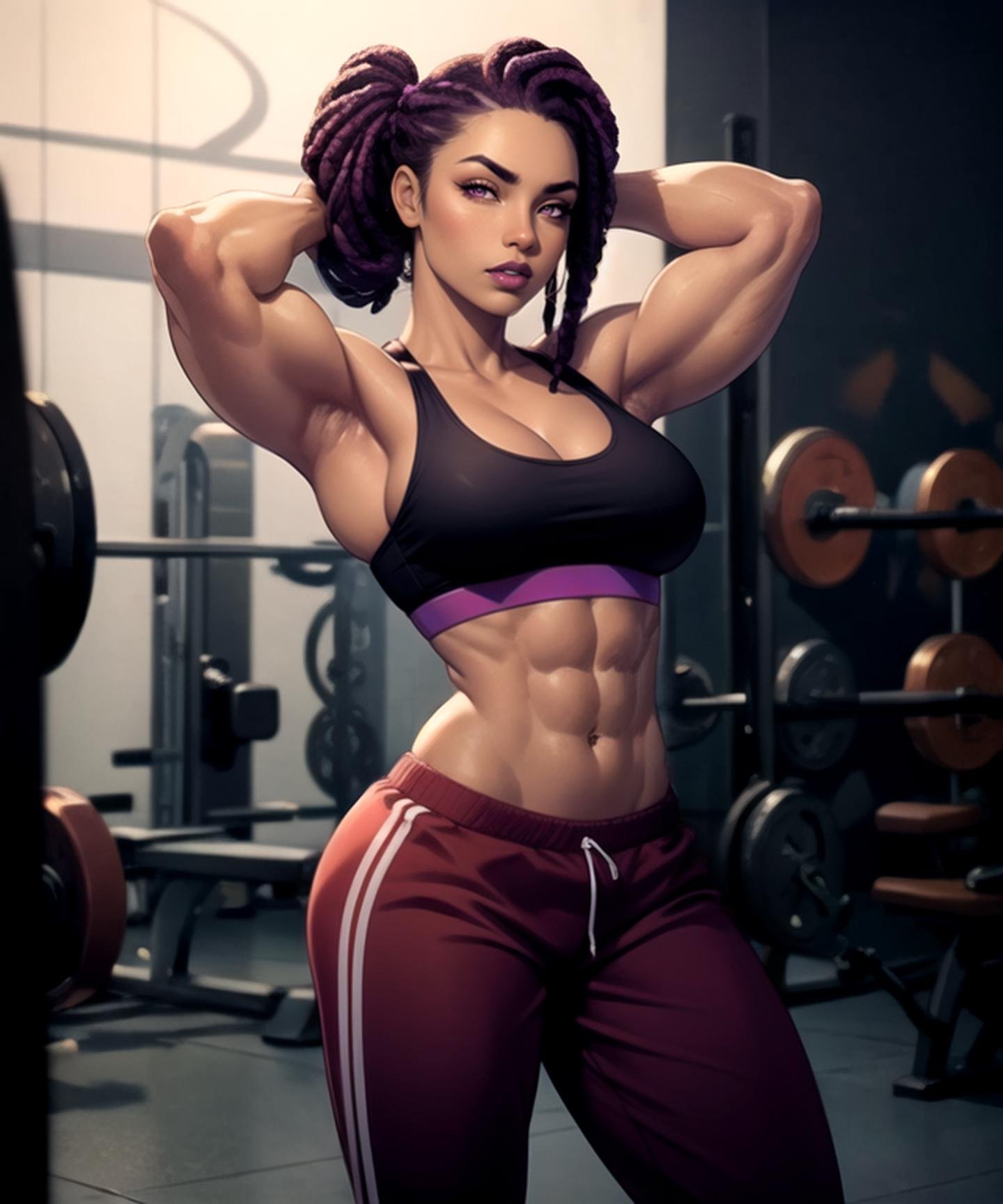 woman, (bodybuilder), (dark skin:1.3), (perfect face), defined jawline, beautiful dark purple lips, (beautiful bright pink eyes), (purple cornrows, braided, hip-hop style hair:1.2), (perfect anatomy), (athletic body), (muscular), (sexy), (large breasts:1.2), (large beefy arms:1.2), (black sports bra:1.2), (orange sweatpants:1.2), (standing, hands behind head), (looking at viewer), (medium shot photograph), (gym background), realistic