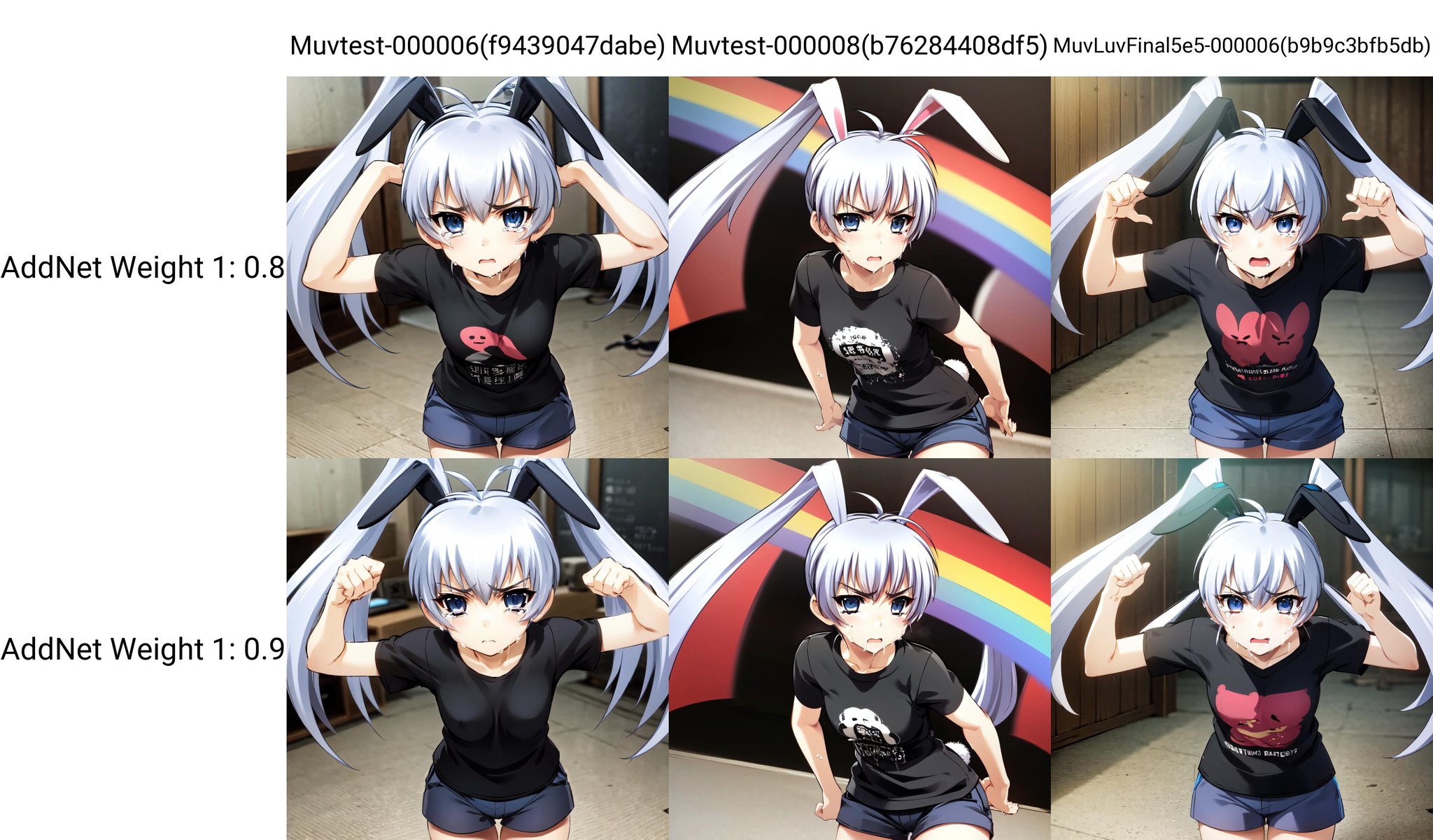 solo, Kasumi Yashiro, twintails, white hair, fake rabbit ears, blue eyes, staring at viewer, colorful t-shirt, rainbow t-shirt, shorts, angry, crying