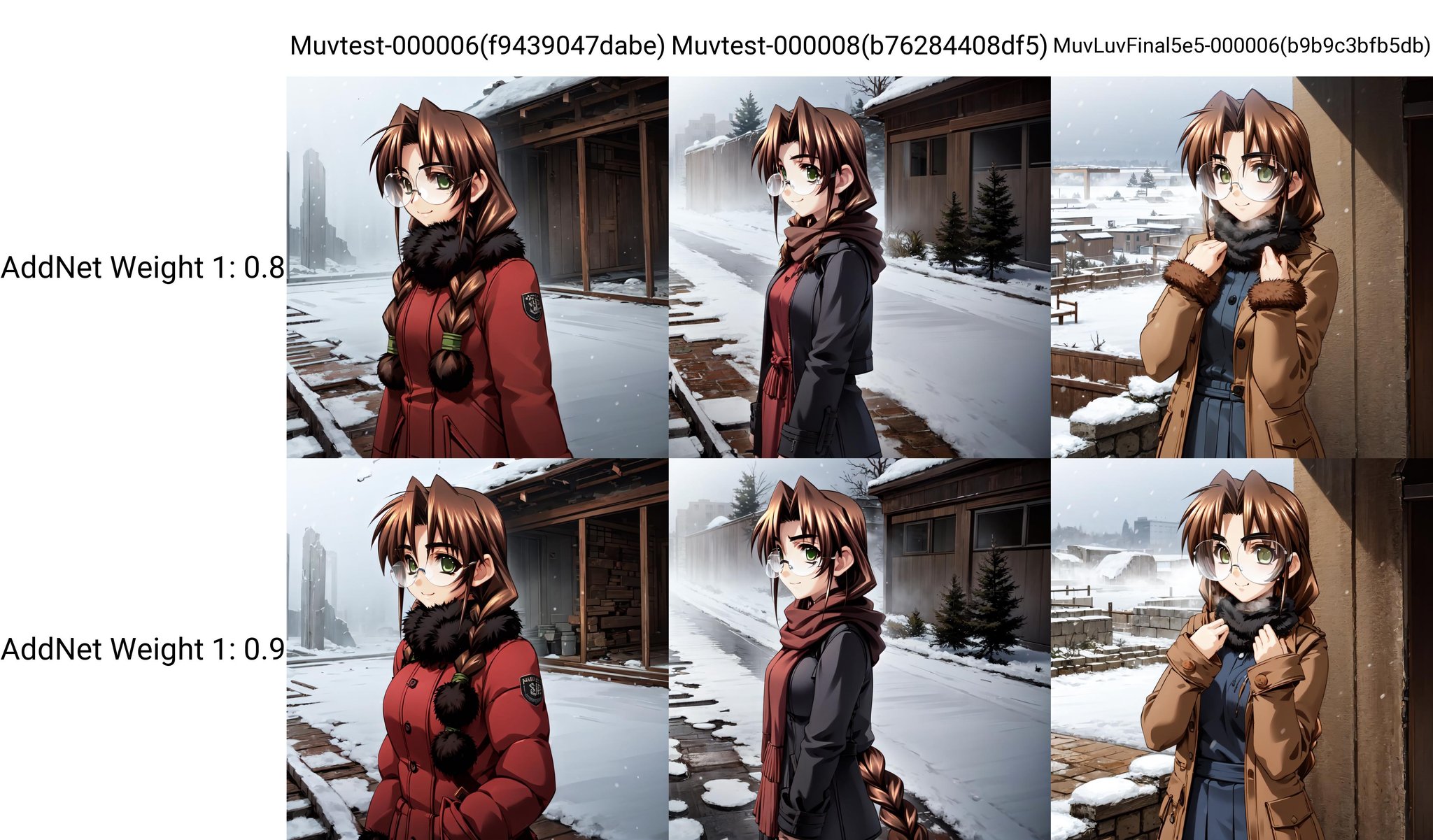 solo, Sakaki Chizuru, glasses, brown hair, twin braids, green eyes, winter, snowing, ruins, winter clothes, cold, foggy, light smile