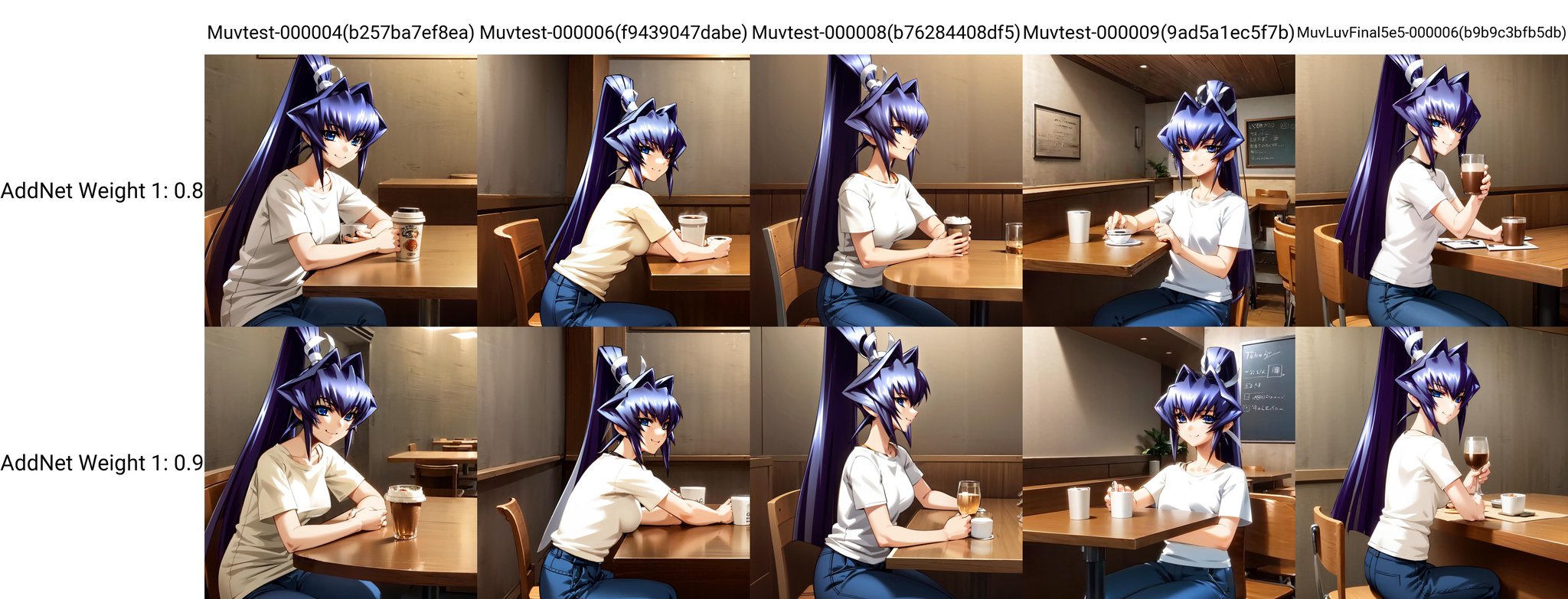 solo, Mitsurugi Meiya, blue hair, blue eyes, high ponytail, (restaurant:1.1), drinking coffee, sitting at a table, t-shirt, jeans, smile, chairs, tables, bar, counter, cute t-shirt, detailed background