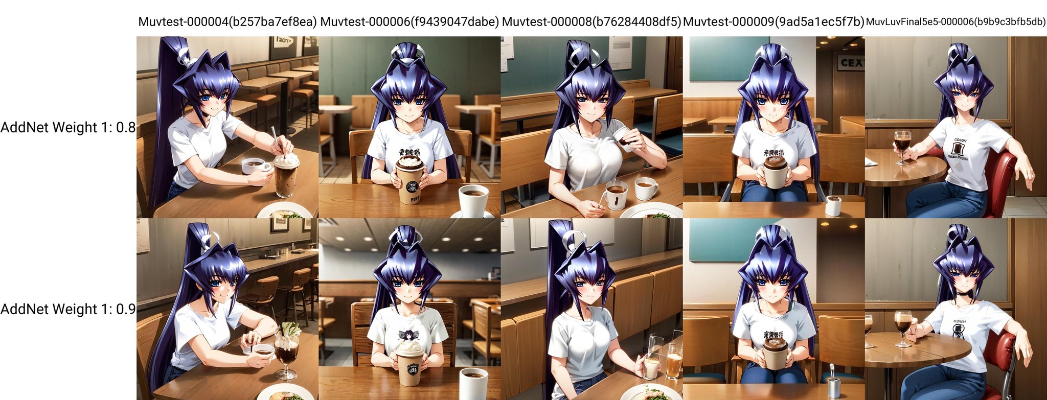 (pov across table:1.1), solo, Mitsurugi Meiya, blue hair, blue eyes, high ponytail, (restaurant:1.1), drinking coffee, sitting at a table, t-shirt, jeans, smile, chairs, tables, bar, counter, cute t-shirt, detailed background, blush