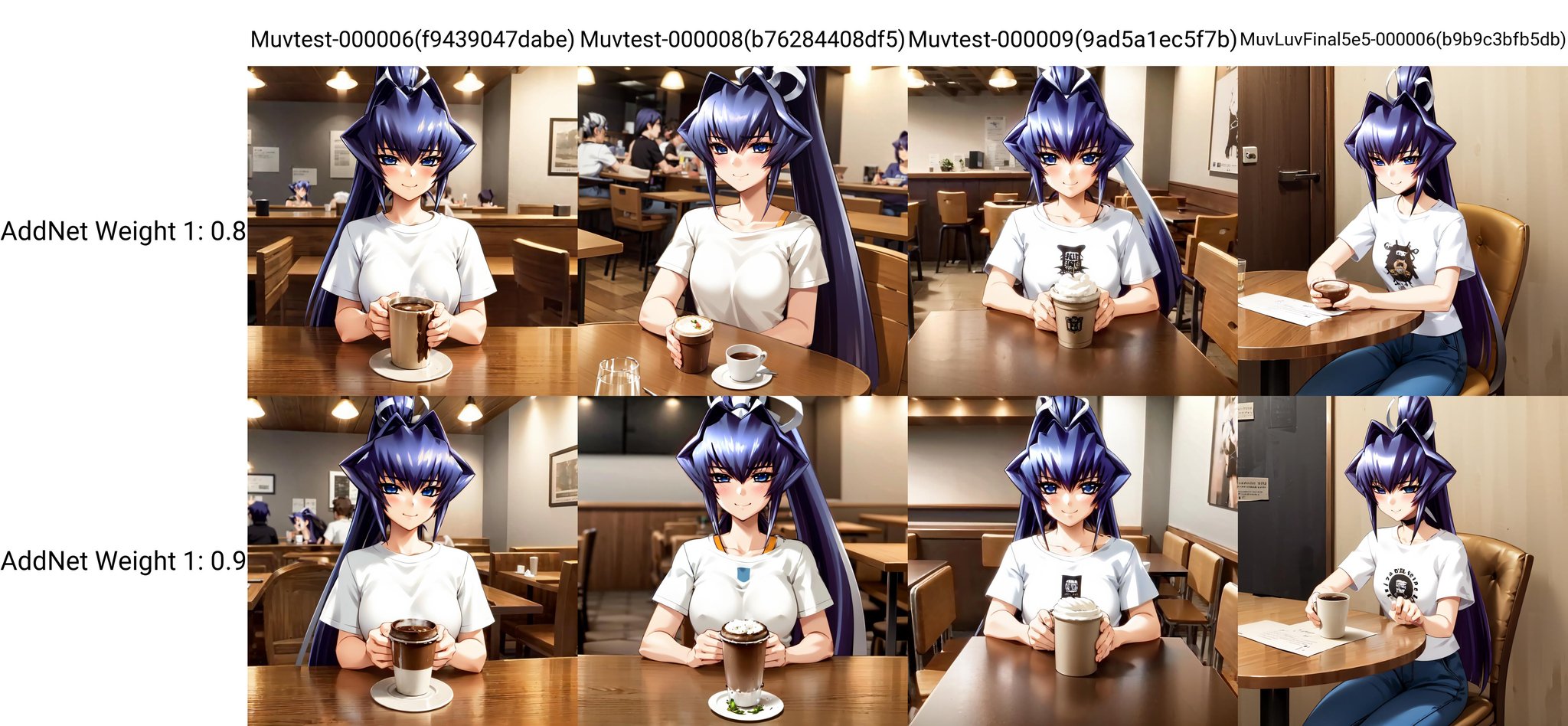 (pov across table:1.1), solo, Mitsurugi Meiya, blue hair, blue eyes, high ponytail, (restaurant:1.1), drinking coffee, sitting at a table, t-shirt, jeans, smile, chairs, tables, bar, counter, cute t-shirt, detailed background, blush