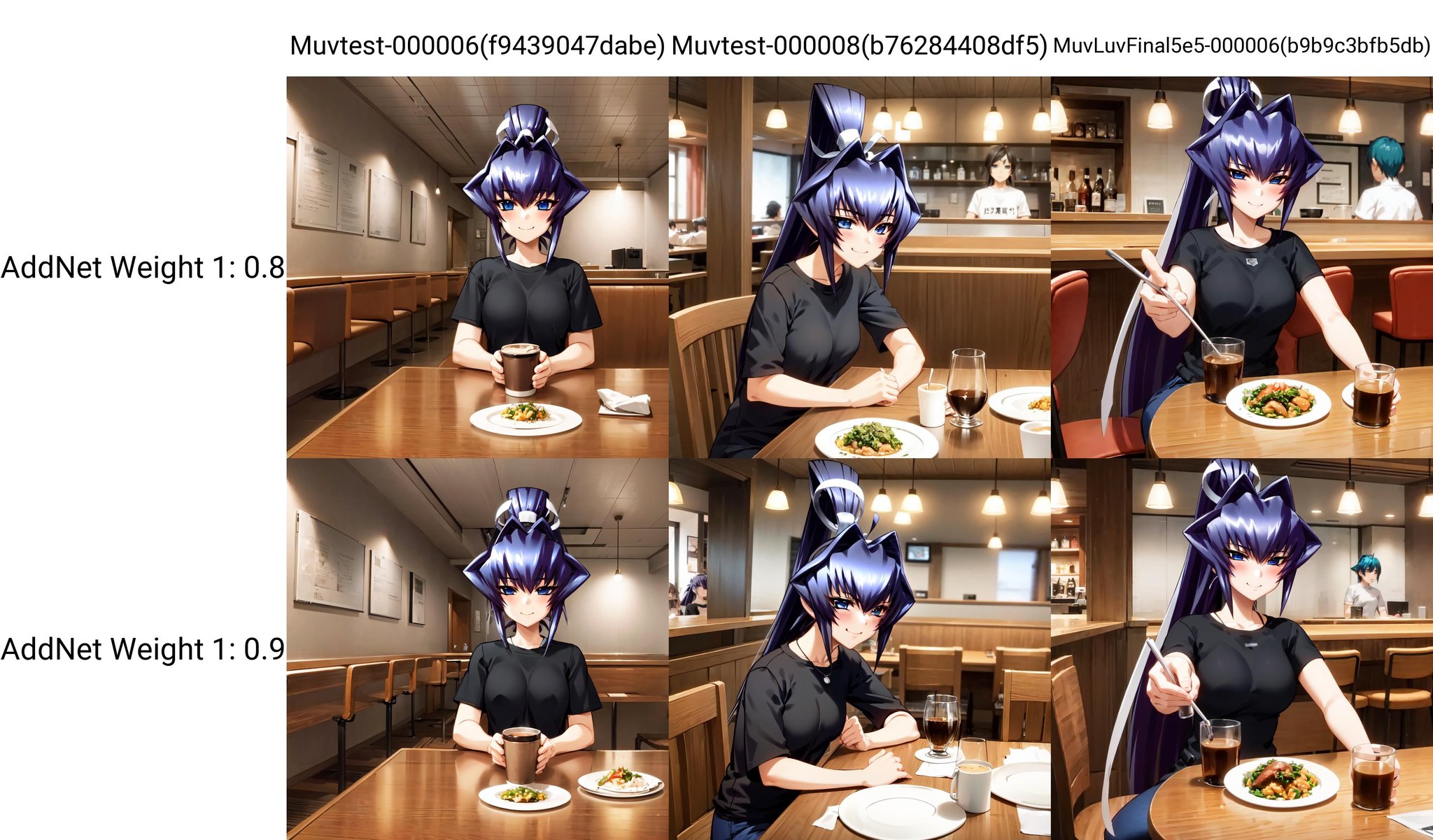 (pov across table:1.1), solo, Mitsurugi Meiya, blue hair, blue eyes, high ponytail, (restaurant:1.1), drinking coffee, sitting at a table, t-shirt, jeans, smile, chairs, tables, bar, counter, cute t-shirt, detailed background, blush