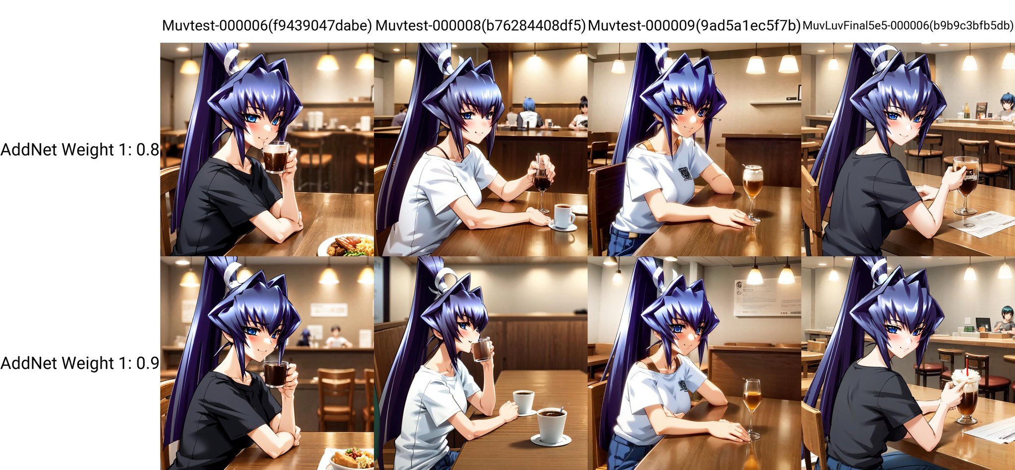 (pov across table:1.1), solo, Mitsurugi Meiya, blue hair, blue eyes, high ponytail, (restaurant:1.1), drinking coffee, sitting at a table, t-shirt, jeans, smile, chairs, tables, bar, counter, cute t-shirt, detailed background, blush