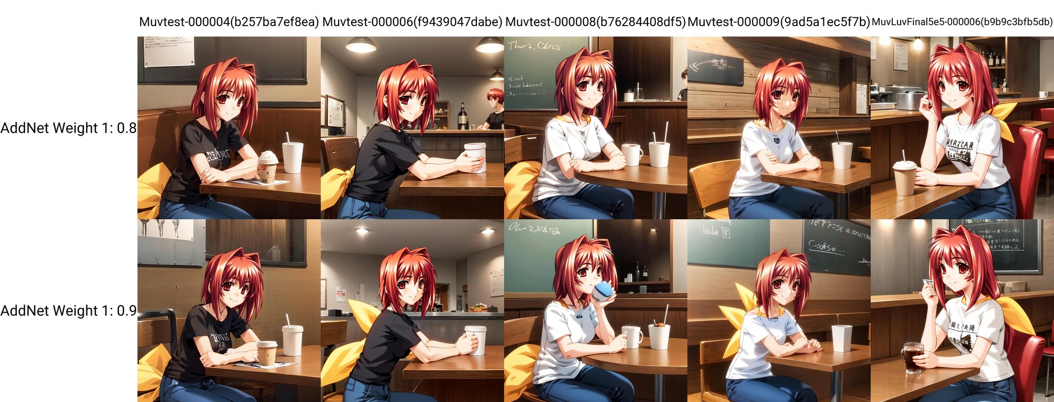 solo, Kagami Sumika, red eyes, red hair, yellow bow, (restaurant:1.1), drinking coffee, sitting at a table, t-shirt, jeans, smile, chairs, tables, bar, counter, cute t-shirt, detailed background