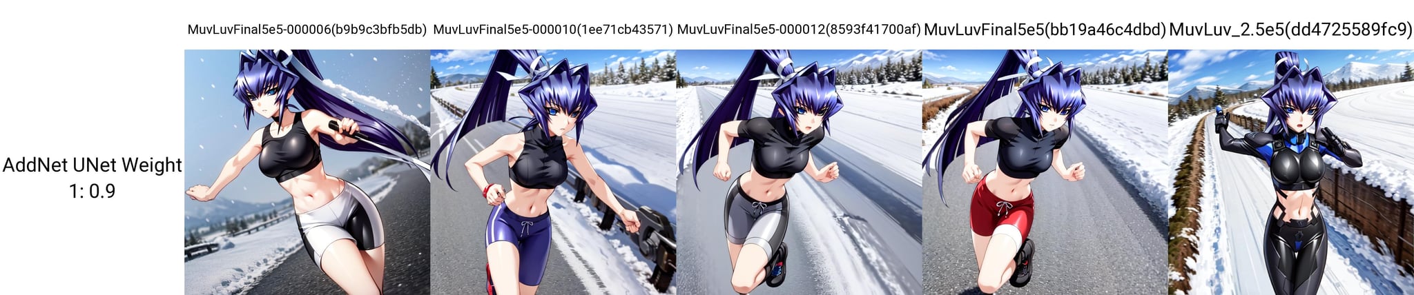 solo, Mitsurugi Meiya, blue hair, blue eyes, high ponytail, running, winter, snow, crop top, bike shorts