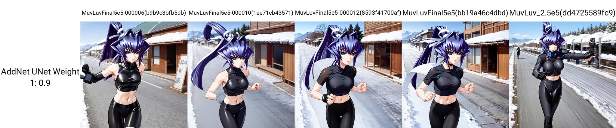 solo, Mitsurugi Meiya, blue hair, blue eyes, high ponytail, running through town, winter, snow, crop top, bike shorts