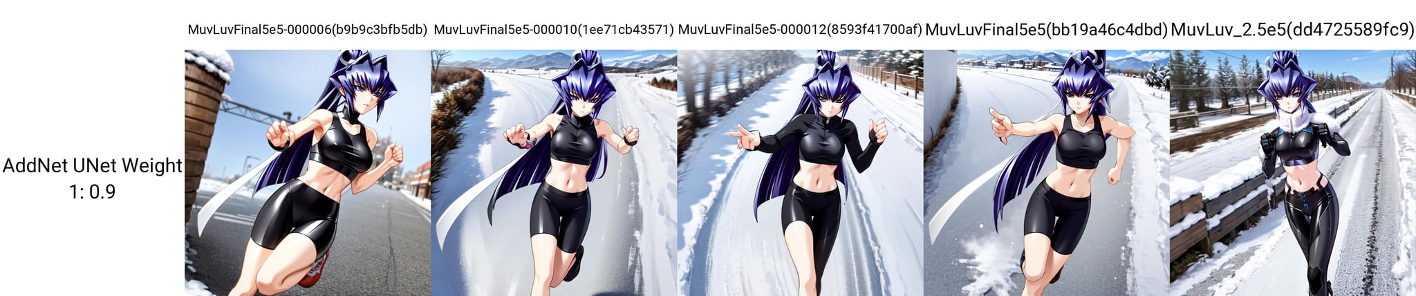 solo, Mitsurugi Meiya, blue hair, blue eyes, high ponytail, running through town, winter, snow, crop top, bike shorts