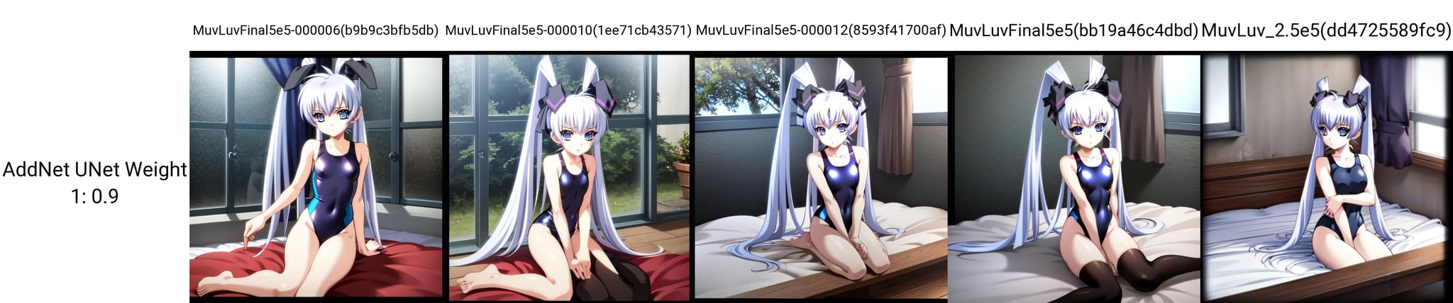 solo, Yashiro Kasumi, fake animal ears, white hair, twintails, blue eyes, one piece swimsuit, sitting on bed, window