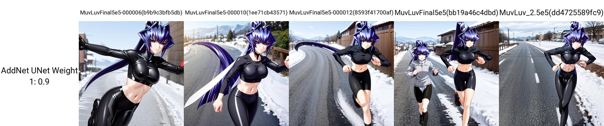 solo, Mitsurugi Meiya, blue hair, blue eyes, high ponytail, running through town, winter, snow, crop top, bike shorts