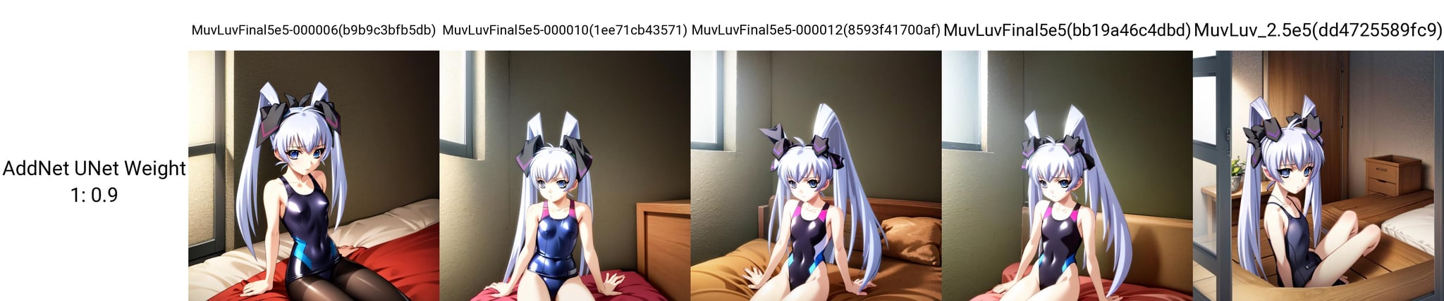 solo, Yashiro Kasumi, fake animal ears, white hair, twintails, blue eyes, one piece swimsuit, sitting on bed, window