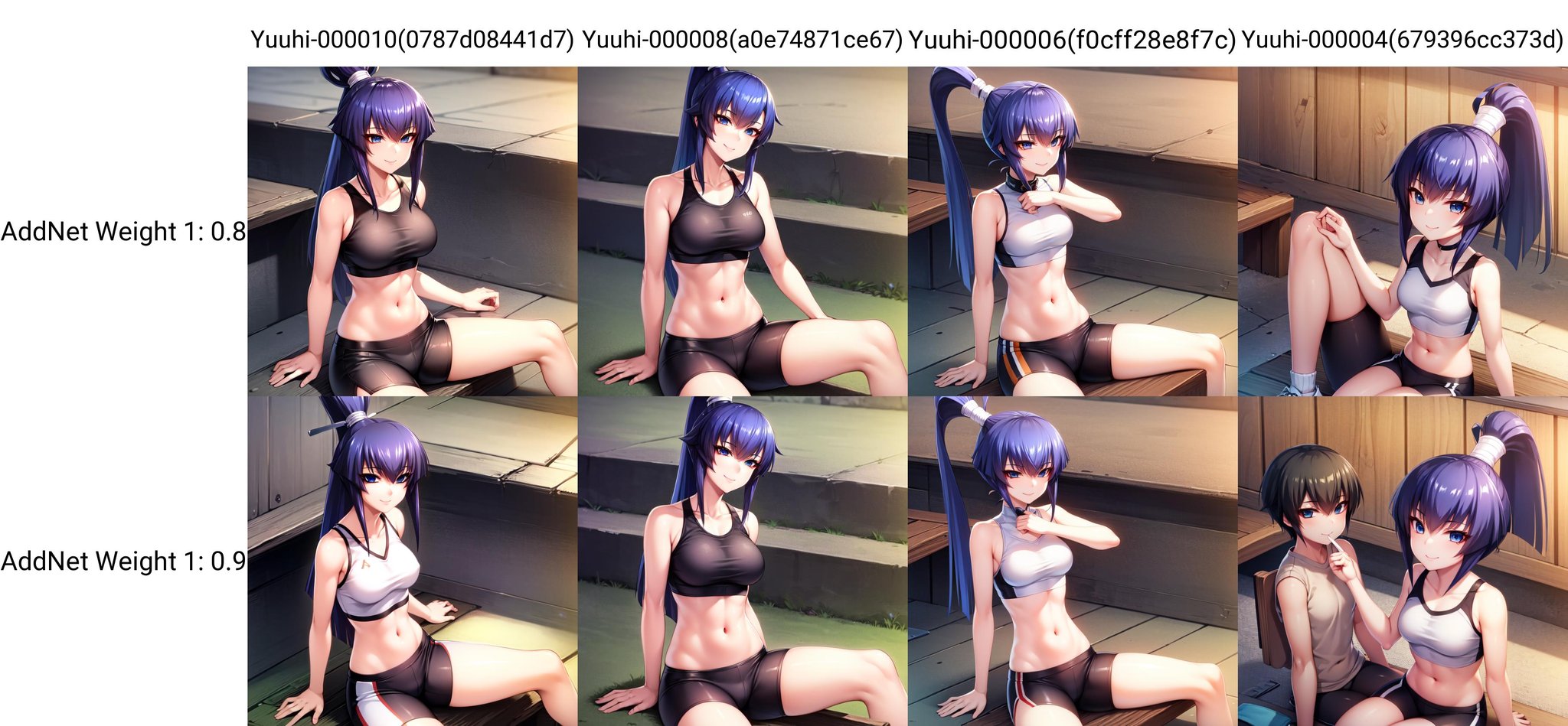 Koubuin Yuuhi, blue hair, blue eyes, high ponytail, crop top, navel, bike shorts, sitting on a staircase, smile