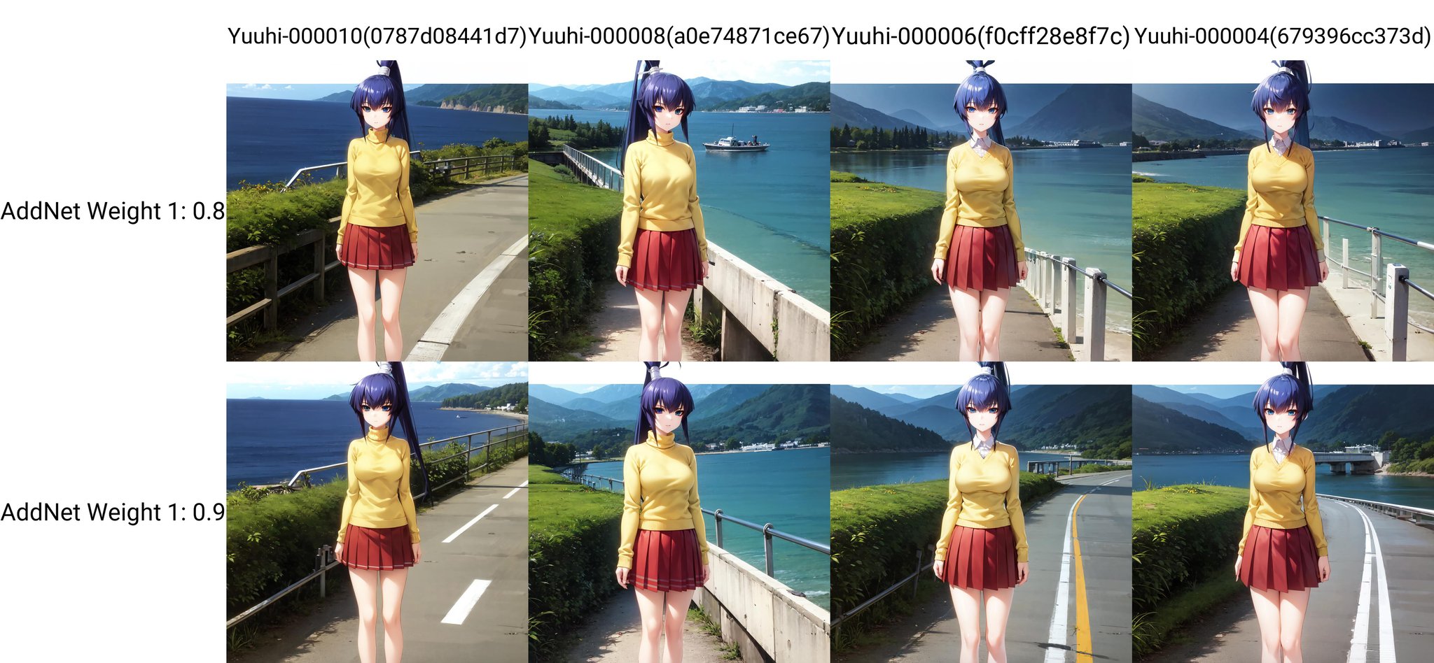 Koubuin Yuuhi, blue hair, blue eyes, high ponytail, pleated skirt, red skirt, long sleeved sweater, yellow sweater, standing on a bridge, sea in the distance