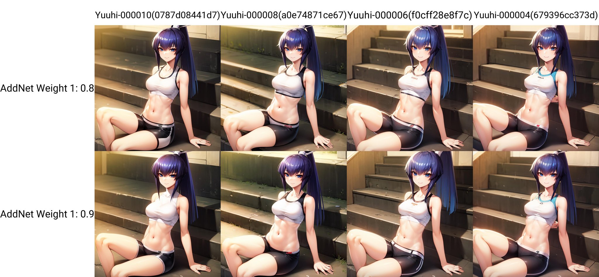 Koubuin Yuuhi, blue hair, blue eyes, high ponytail, crop top, navel, bike shorts, sitting on a staircase, smile