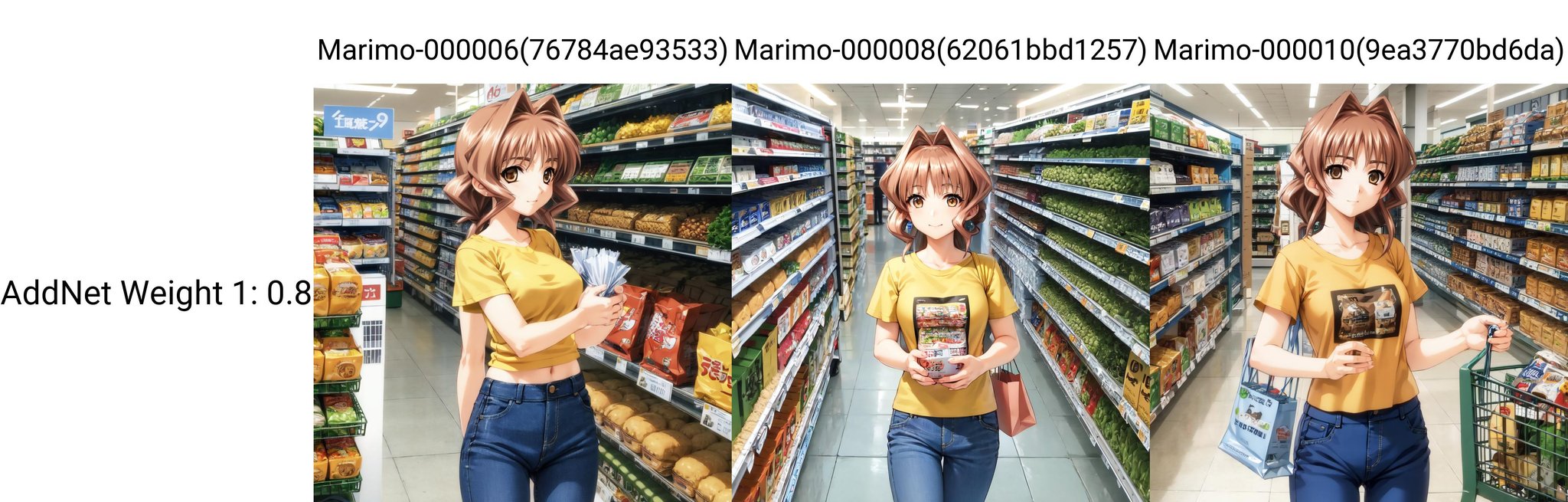 solo, Jinguuji Marimo, brown hair, brown eyes, t-shirt, looking at viewer, supermarket, shopping, groceries, holding shopping bag, jeans, denim